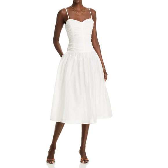 AQUA White Midi Dress‎ Ruched Bodice Sleeveless Party Cocktail Size M - Picture 2 of 9